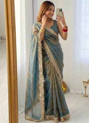 Sea Green butti Beautiful lace border work border design with beautiful pallu Silk Blend Saree 2