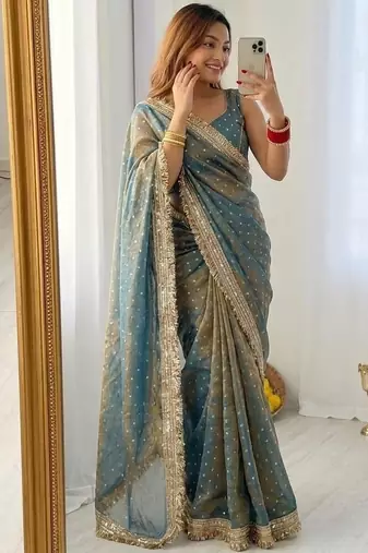 Sea Green butti Beautiful lace border work border design with beautiful pallu Silk Blend Saree