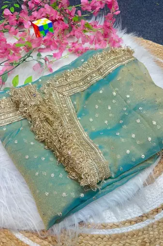 Sea Green butti Beautiful lace border work border design with beautiful pallu Silk Blend Saree