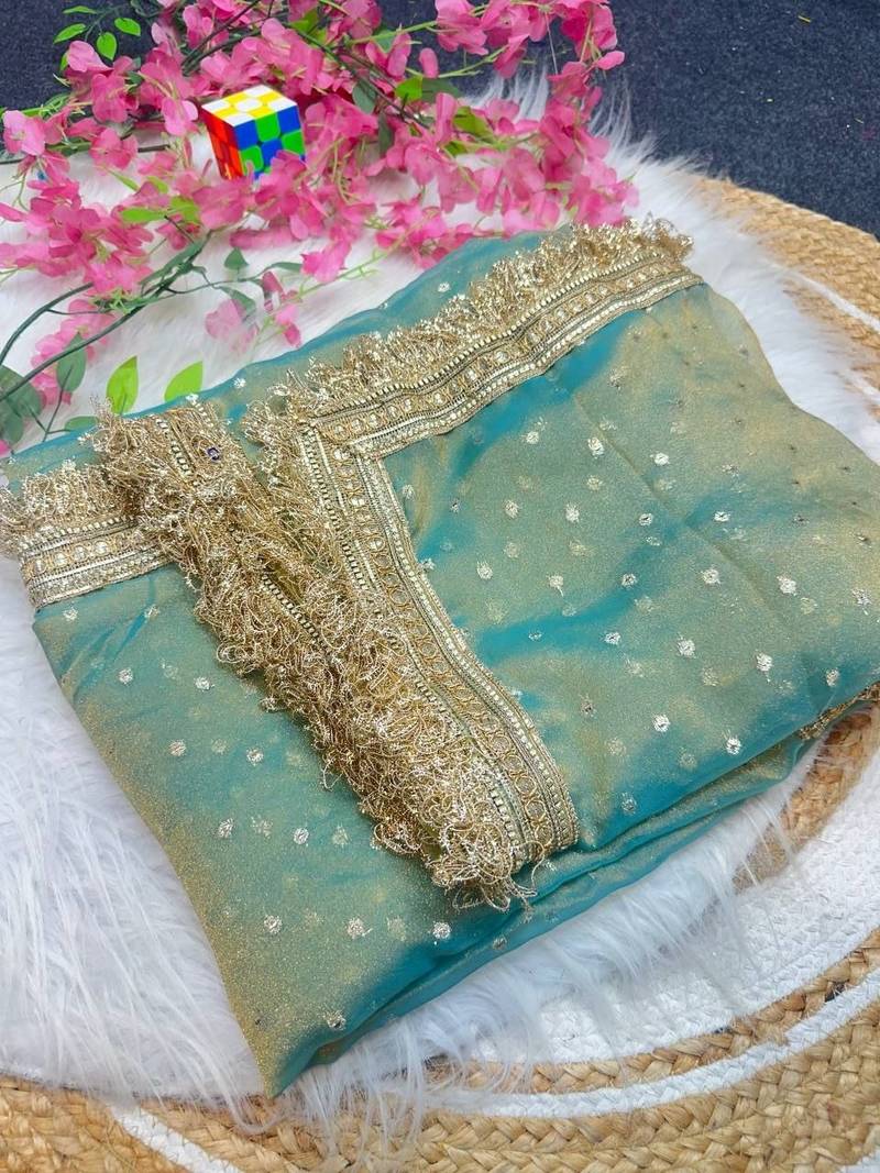 Sea Green butti Beautiful lace border work border design with beautiful pallu Silk Blend Saree