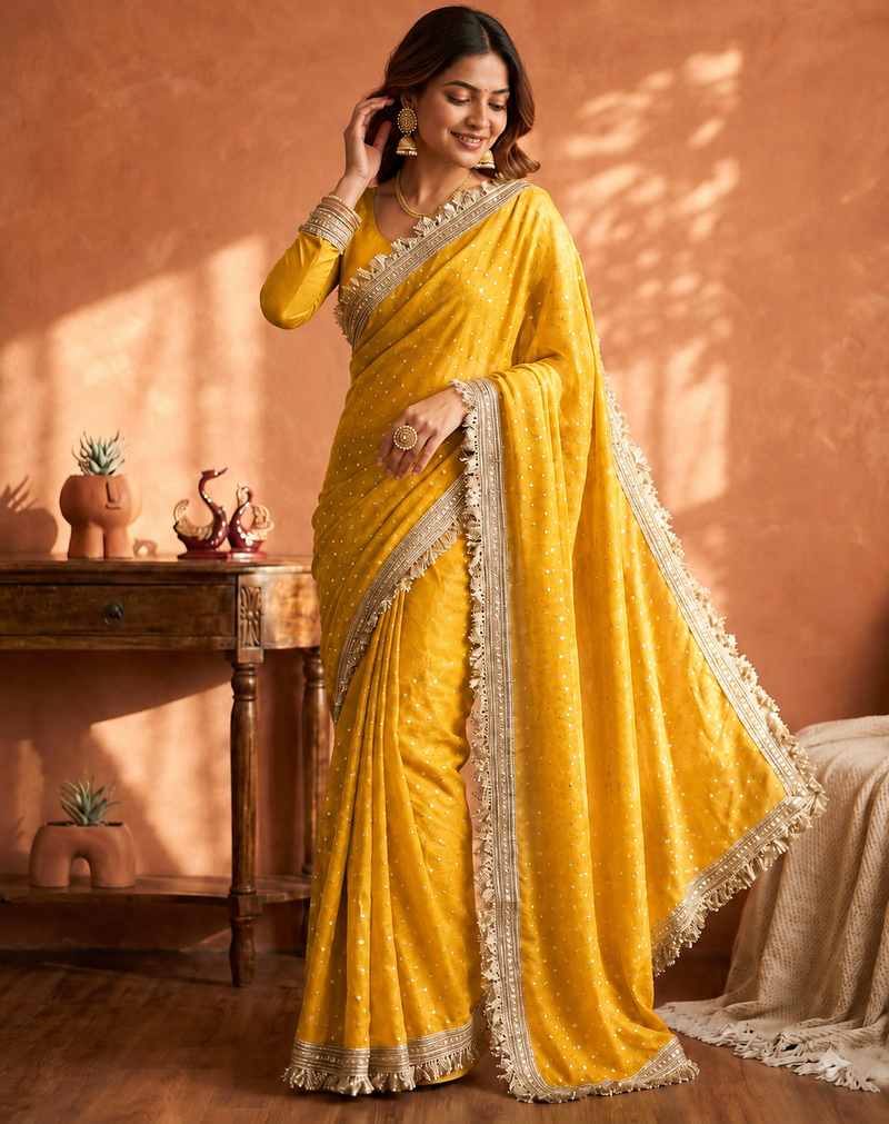 Yellow butti Beautiful lace border work border design with beautiful pallu Silk Blend Saree