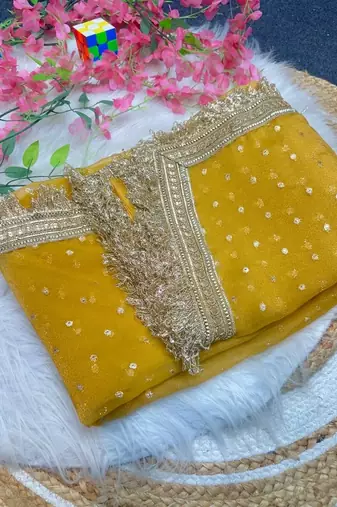 Yellow butti Beautiful lace border work border design with beautiful pallu Silk Blend Saree