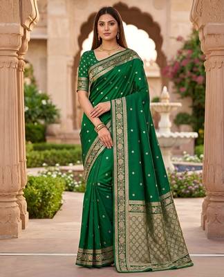 Green soft silk blend saree with zari weaving meenakari design 1