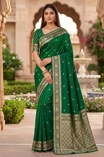 Green soft silk blend saree with zari weaving meenakari design