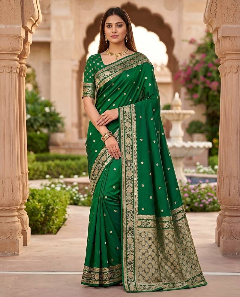 Green soft silk blend saree with zari weaving meenakari design