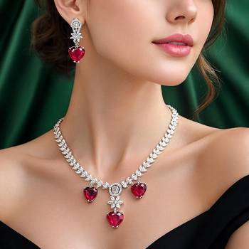 red heart necklace and earring set  bridal cz necklace  red crystal jewellery set  wedding gift jewellery  1