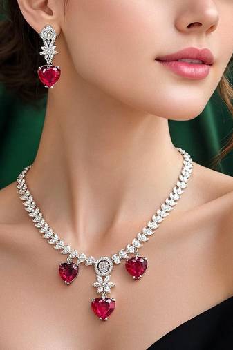 red heart necklace and earring set  bridal cz necklace  red crystal jewellery set  wedding gift jewellery 