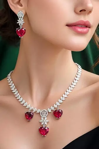 red heart necklace and earring set  bridal cz necklace  red crystal jewellery set  wedding gift jewellery 