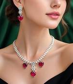 red heart necklace and earring set  bridal cz necklace  red crystal jewellery set  wedding gift jewellery 