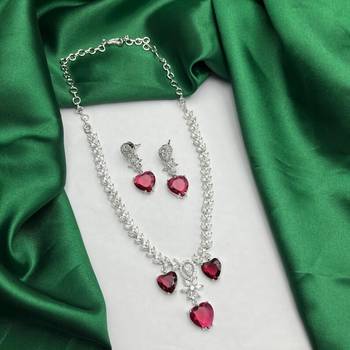 red heart necklace and earring set  bridal cz necklace  red crystal jewellery set  wedding gift jewellery  2
