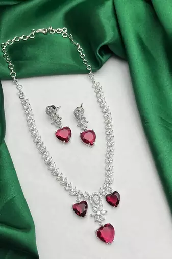red heart necklace and earring set  bridal cz necklace  red crystal jewellery set  wedding gift jewellery 