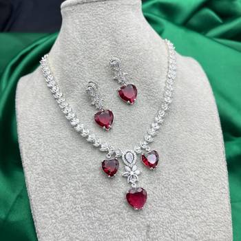 red heart necklace and earring set  bridal cz necklace  red crystal jewellery set  wedding gift jewellery  3