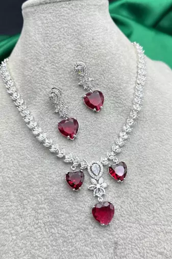 red heart necklace and earring set  bridal cz necklace  red crystal jewellery set  wedding gift jewellery 