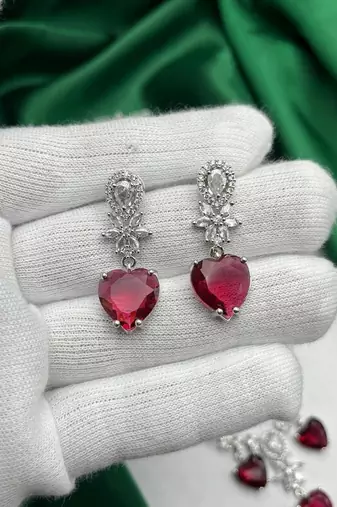 red heart necklace and earring set  bridal cz necklace  red crystal jewellery set  wedding gift jewellery 