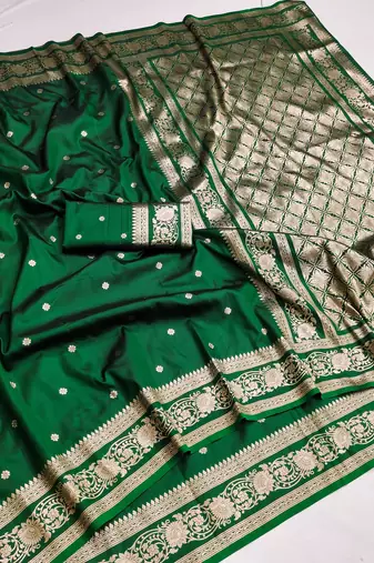 Green soft silk blend saree with zari weaving meenakari design