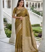 Golden  soft silk blend saree with zari weaving meenakari design