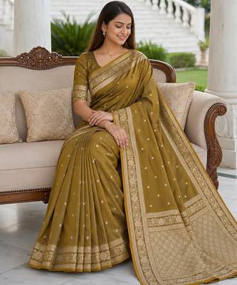 Golden  soft silk blend saree with zari weaving meenakari design 3