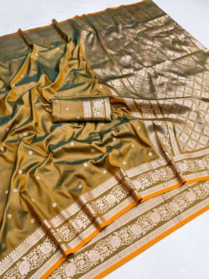 Golden  soft silk blend saree with zari weaving meenakari design 4