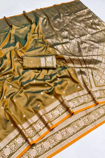 Golden  soft silk blend saree with zari weaving meenakari design