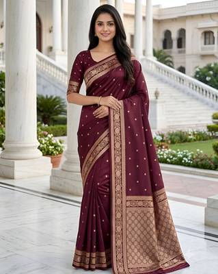 Wine soft silk blend saree with zari weaving meenakari design 1