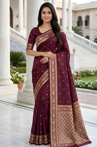 Wine soft silk blend saree with zari weaving meenakari design