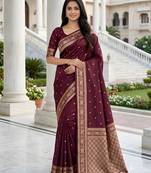 Wine soft silk blend saree with zari weaving meenakari design