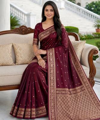 Wine soft silk blend saree with zari weaving meenakari design 3