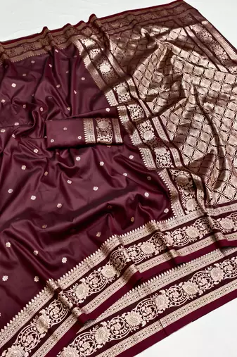 Wine soft silk blend saree with zari weaving meenakari design