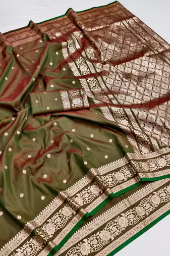 Green soft silk blend saree with zari weaving meenakari design