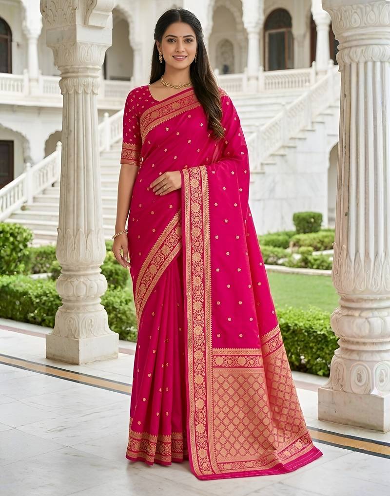 Pink soft silk blend saree with zari weaving meenakari design