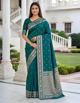 Sea green soft silk blend saree with zari weaving meenakari design 1