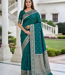 Sea green soft silk blend saree with zari weaving meenakari design