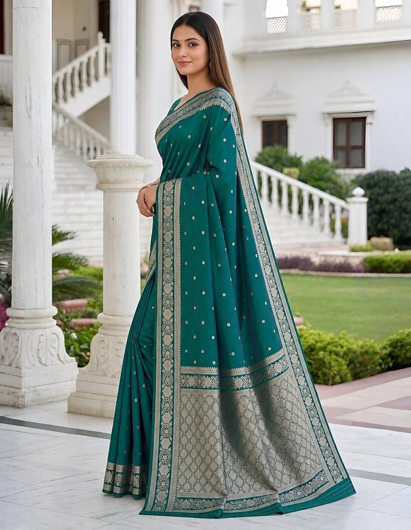 Sea green soft silk blend saree with zari weaving meenakari design
