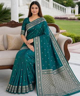 Sea green soft silk blend saree with zari weaving meenakari design 3