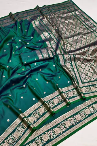 Sea green soft silk blend saree with zari weaving meenakari design