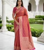 Peach soft silk blend saree with zari weaving meenakari design