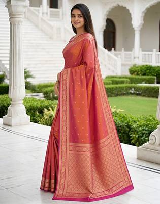 Peach soft silk blend saree with zari weaving meenakari design 2