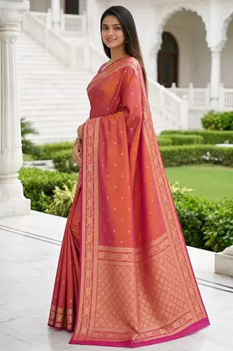 Peach soft silk blend saree with zari weaving meenakari design