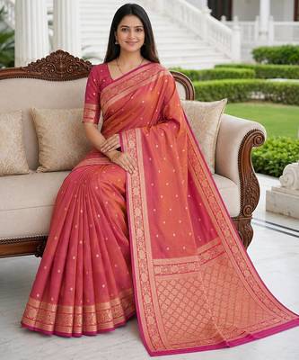 Peach soft silk blend saree with zari weaving meenakari design 3