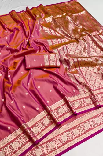 Peach soft silk blend saree with zari weaving meenakari design