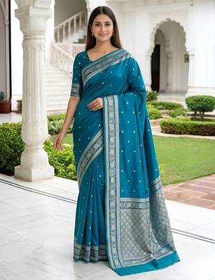 Teal soft silk blend saree with zari weaving meenakari design 1