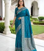 Teal soft silk blend saree with zari weaving meenakari design