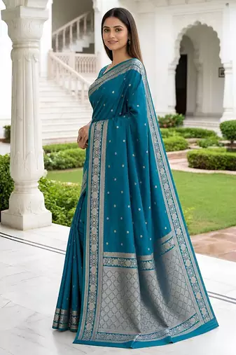 Teal soft silk blend saree with zari weaving meenakari design