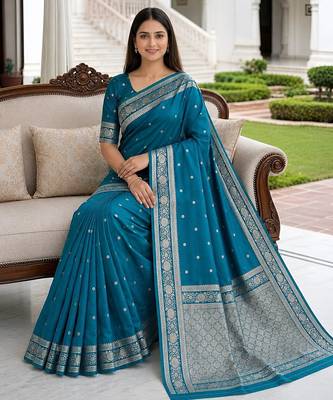 Teal soft silk blend saree with zari weaving meenakari design 3