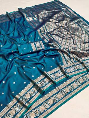 Teal soft silk blend saree with zari weaving meenakari design 4