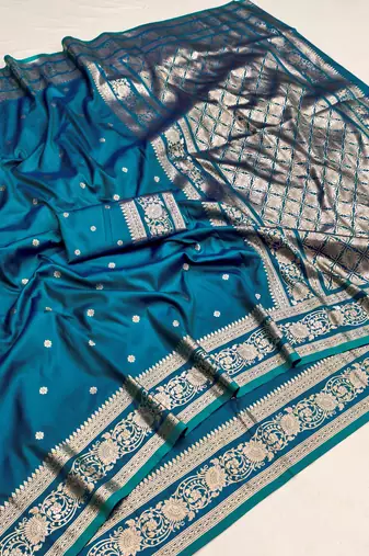 Teal soft silk blend saree with zari weaving meenakari design