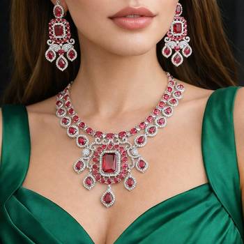 ruby red cz statement necklace earrings set, silver finish bridal gala jewellery 1