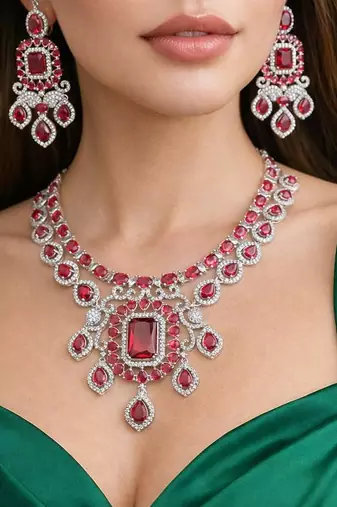 ruby red cz statement necklace earrings set, silver finish bridal gala jewellery