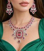 ruby red cz statement necklace earrings set, silver finish bridal gala jewellery