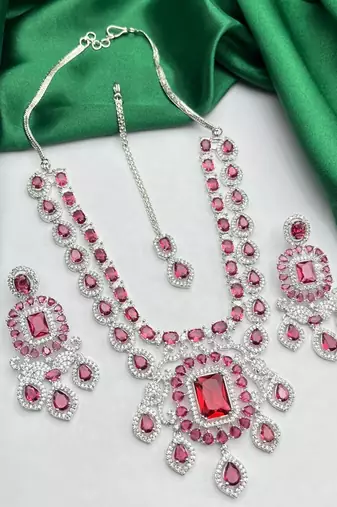 ruby red cz statement necklace earrings set, silver finish bridal gala jewellery